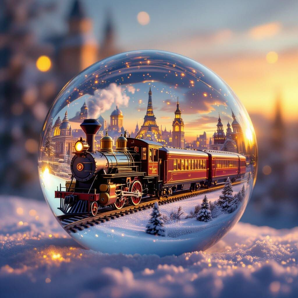 Magical Paris Scene Inside Glass Ball with Polar Express Tra...
