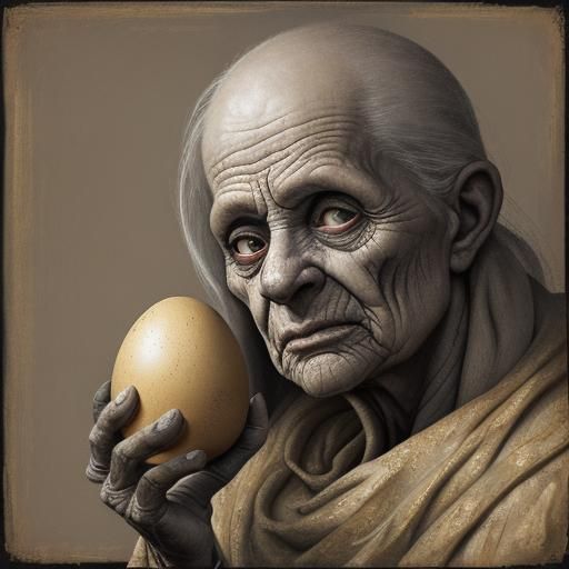 Surreal Portrait of Old Woman Holding Eggs