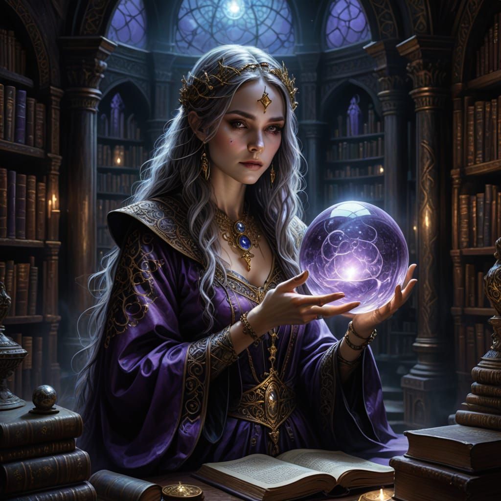 Wise Enchantress in Mystical Library with Glowing Artifacts