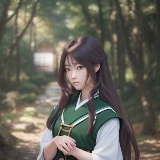 Young Girl in Tranquil Forest with Vibrant Colors