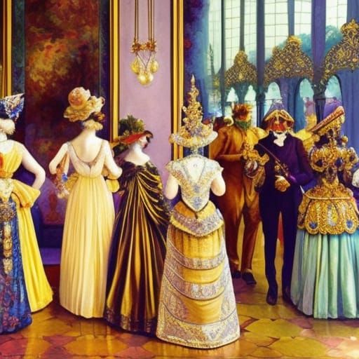 Masked Figures at Masquerade Ball in Art Nouveau Style