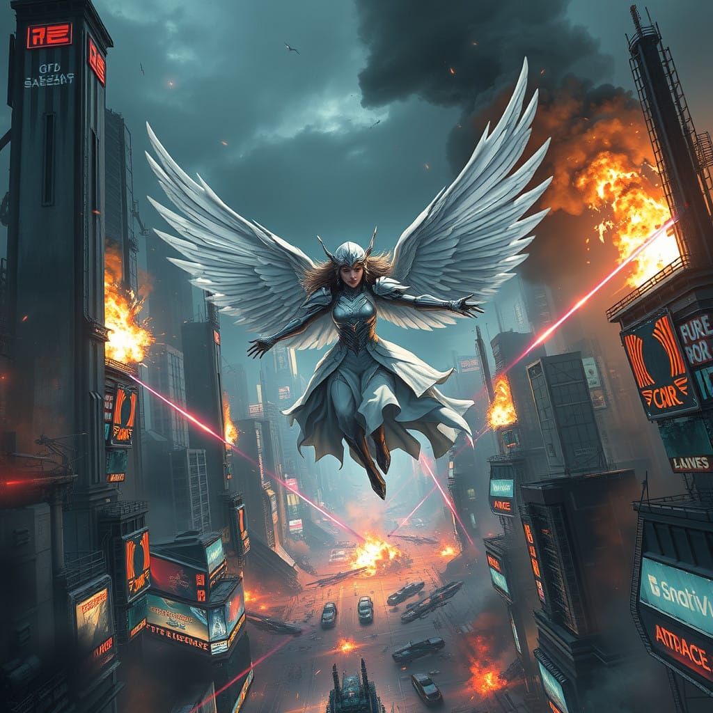Angelic Warrior Soars Through Futuristic Combat