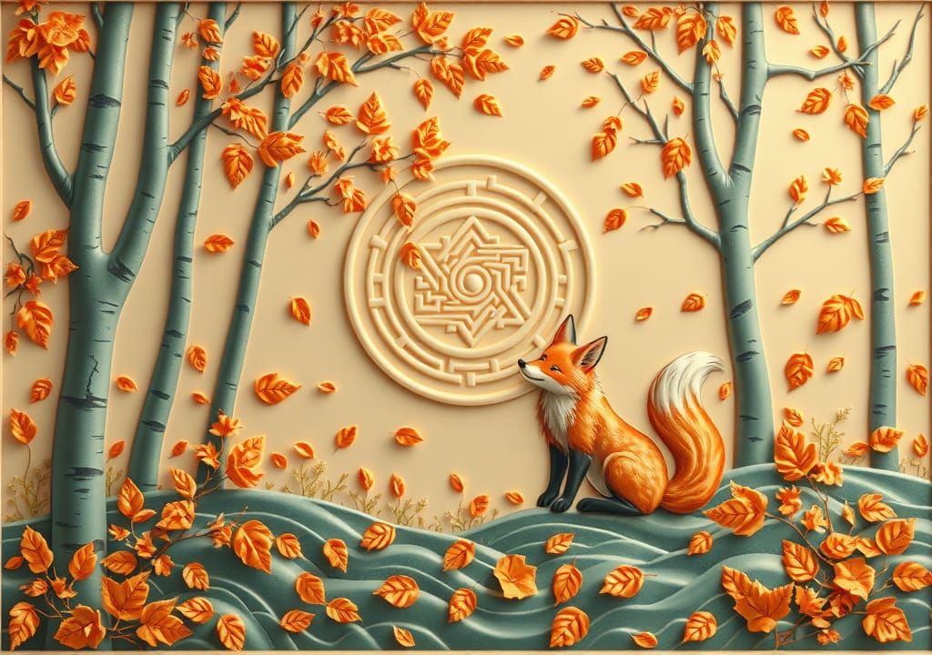 Embossed Art of Fox Playing in Autumn Forest