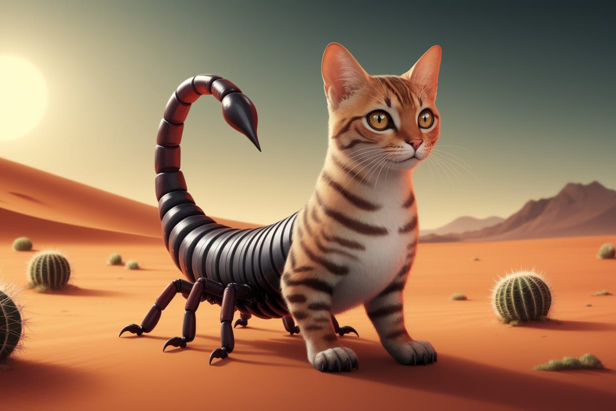 Majestic Cat-Scorpion Hybrid in Desert Landscape
