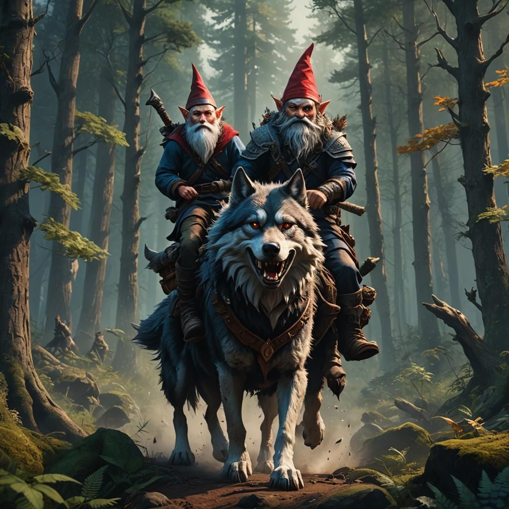 Evil Gnome Rides Wolf in Dark Forest