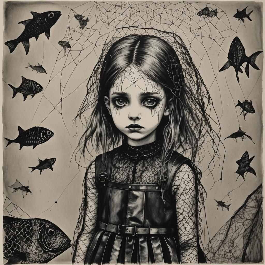 Sad Goth Girl in Surreal Crayon Rayograph