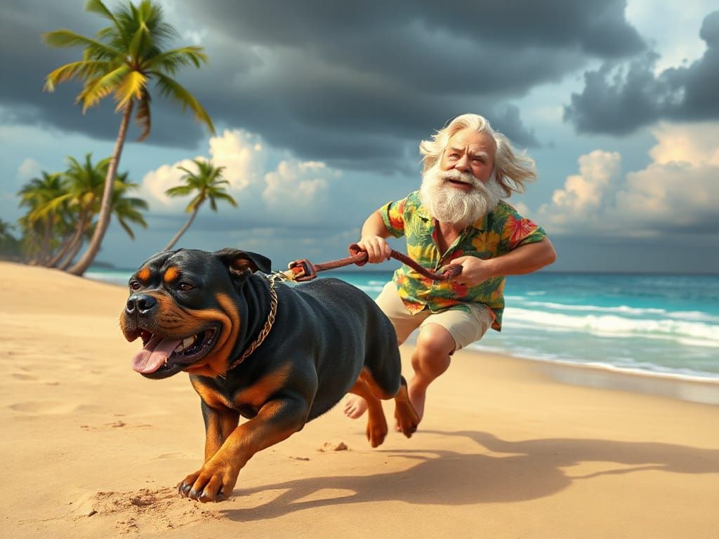 Rottweiler Pulls Man on Beach: CGI Cartoon Style