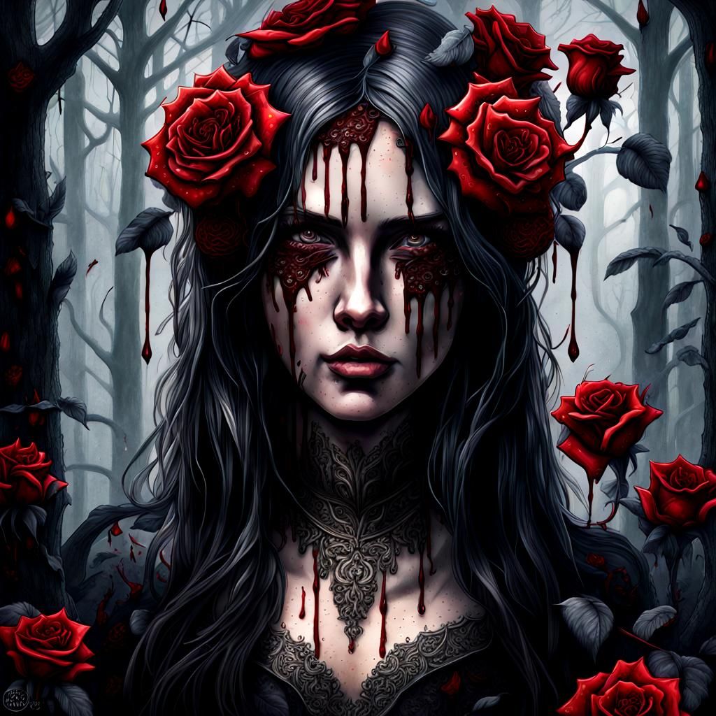 Gothic Black Rose Sheds Blood Tears: Watercolor Masterpiece