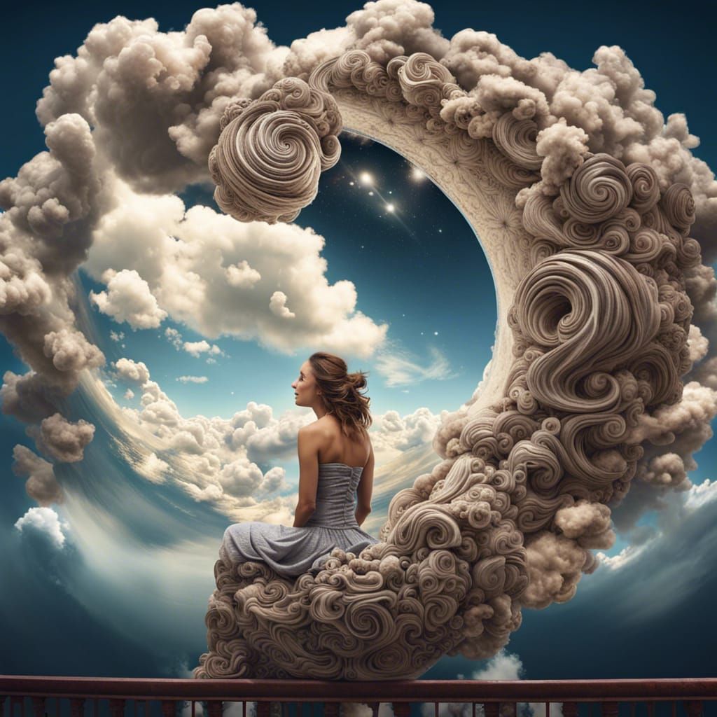Dreamlike Cloudscape View from Balcony, Surreal Digital Art