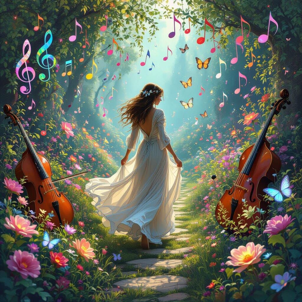 Mystical Garden with Musical Elements in Digital Art Style