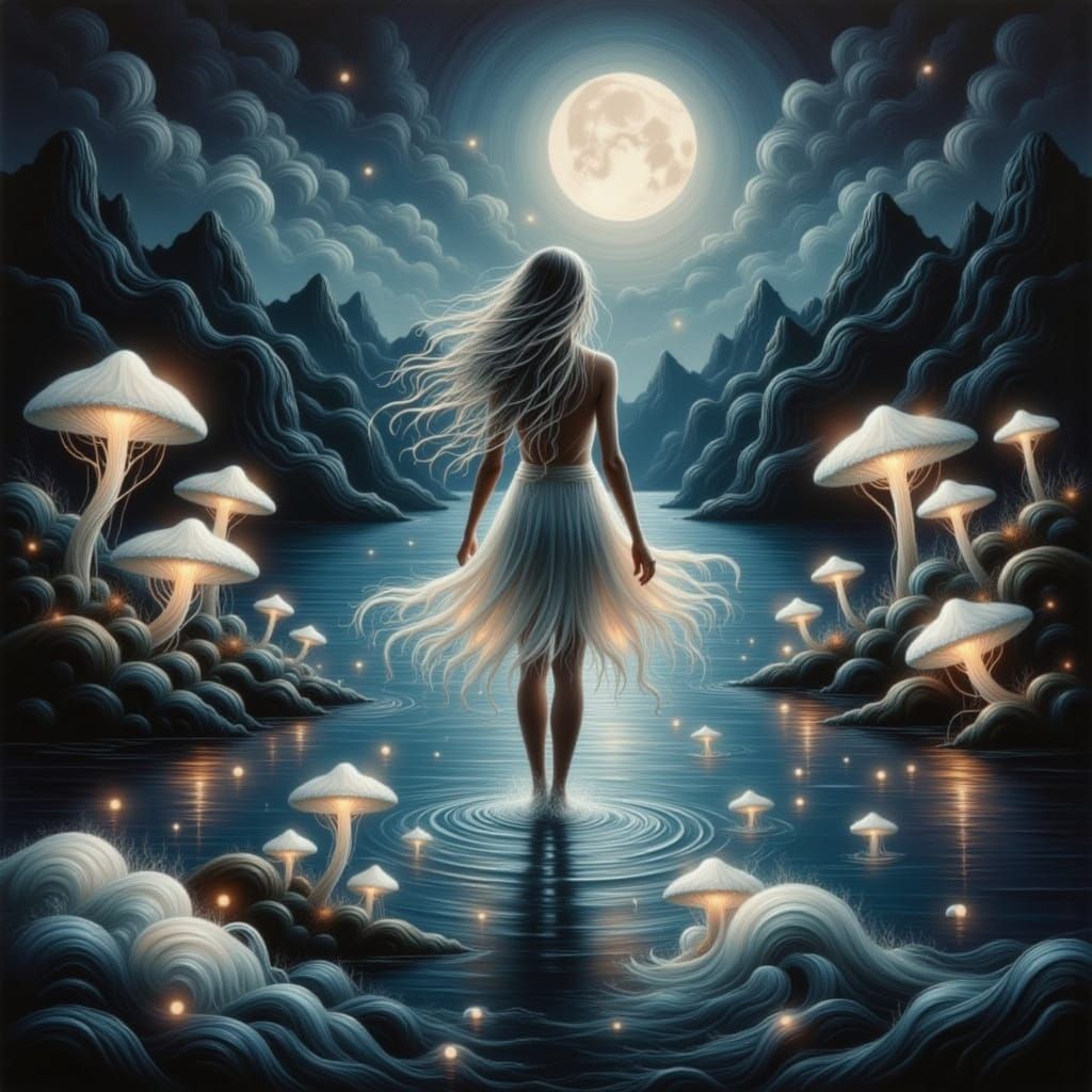 Woman Wades Through Moonlight River in Ethereal Landscape