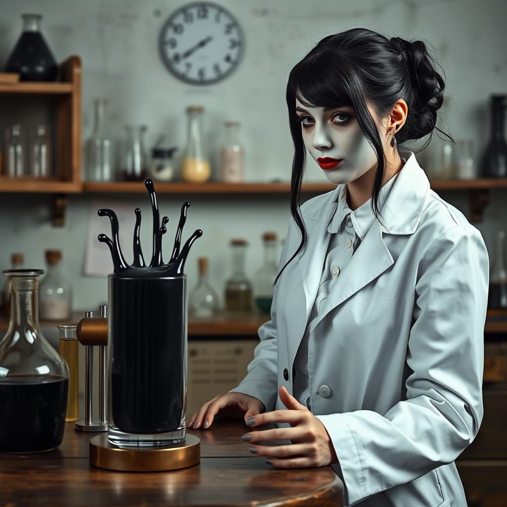 Mime Artist Observes Ferrofluid in Steampunk Laboratory