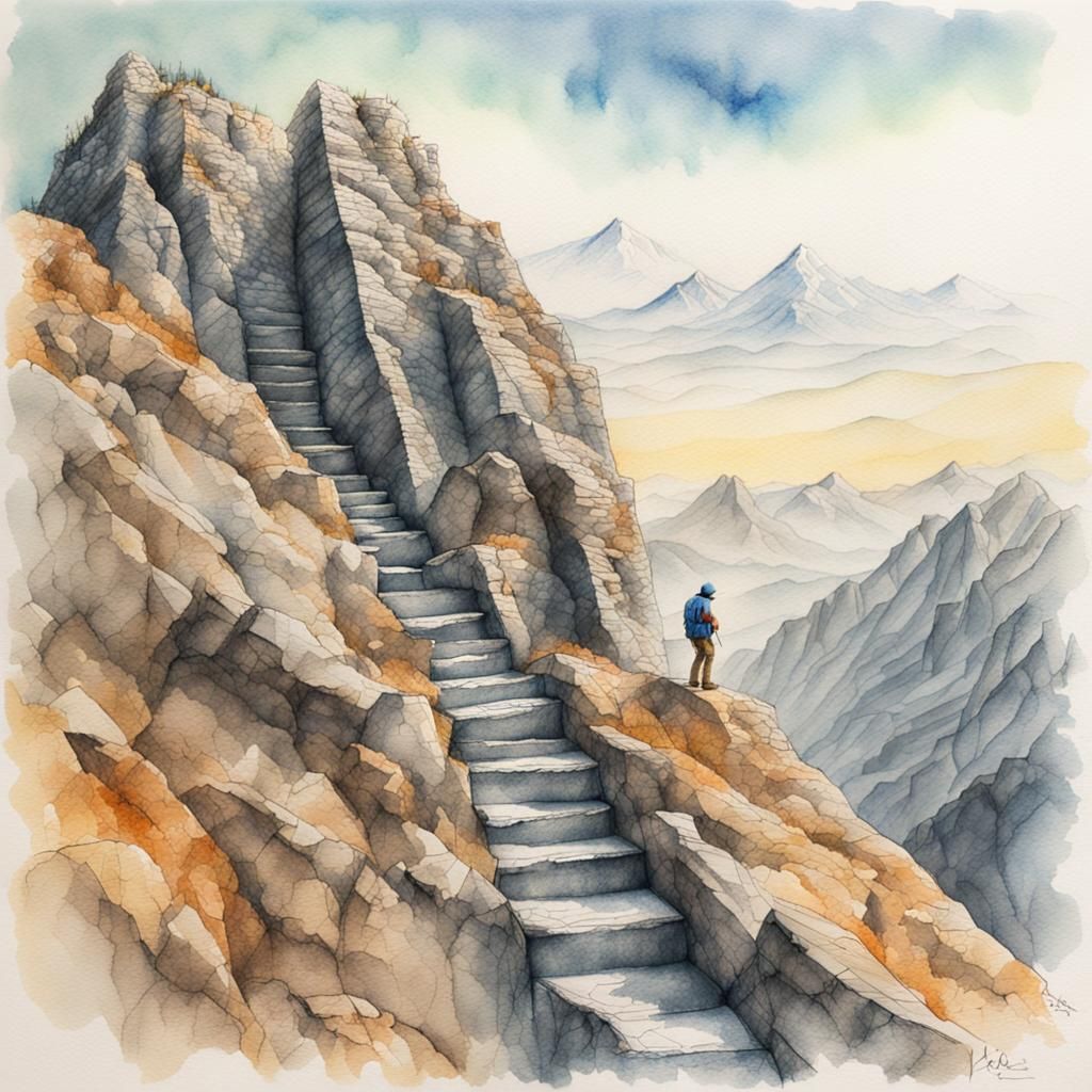Watercolor imposing landscape pencil sketch of Alone climber of stone mountains, without ropes Splash art hyperdetailed ...