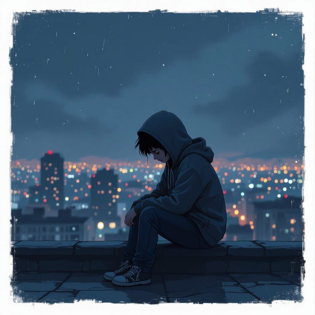 Lofi Sad Boy on Rooftop at Night