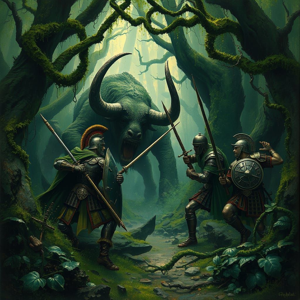 Epic Battle: Roman Legionaries vs. Minotaurs in Forest