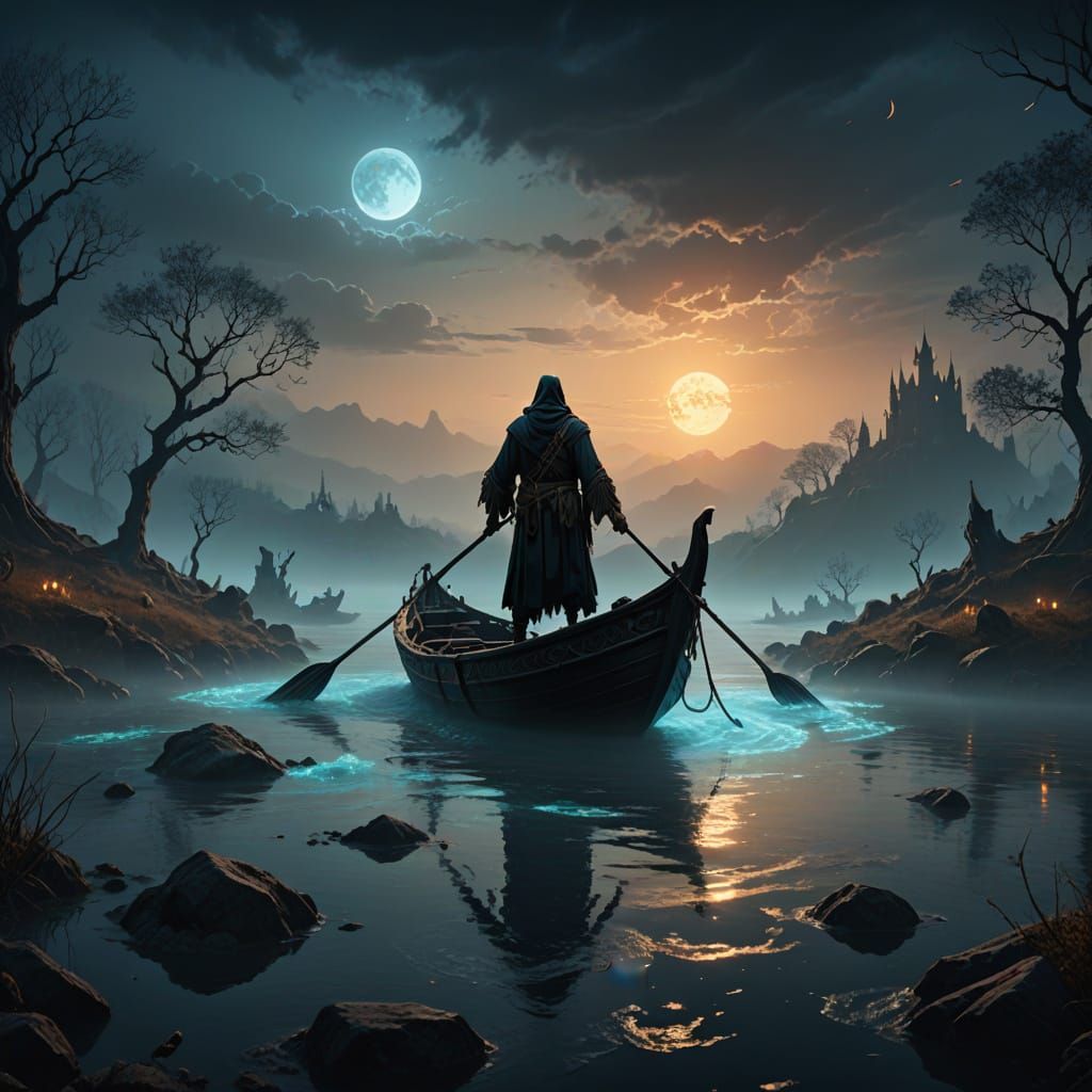 Charon's Eerie Voyage: Dark Fantasy Concept Art