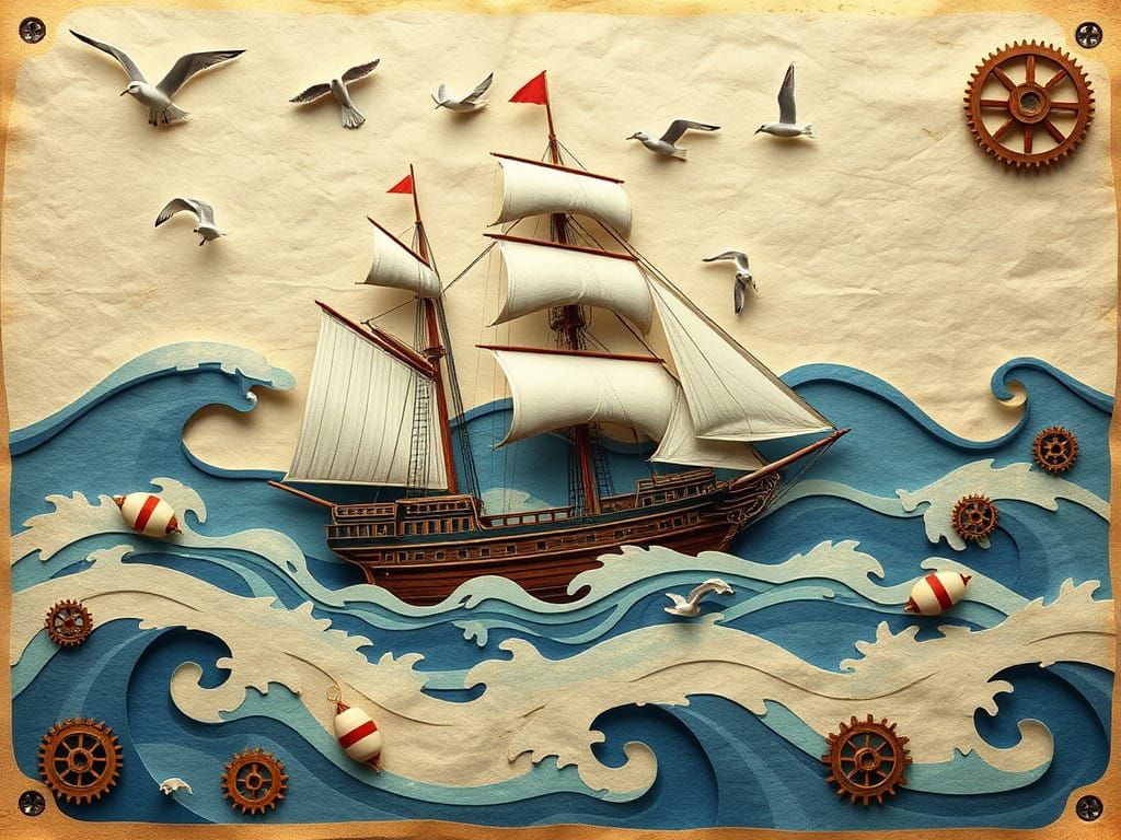 Steampunk Sailing Ship on Layered Paper Waves