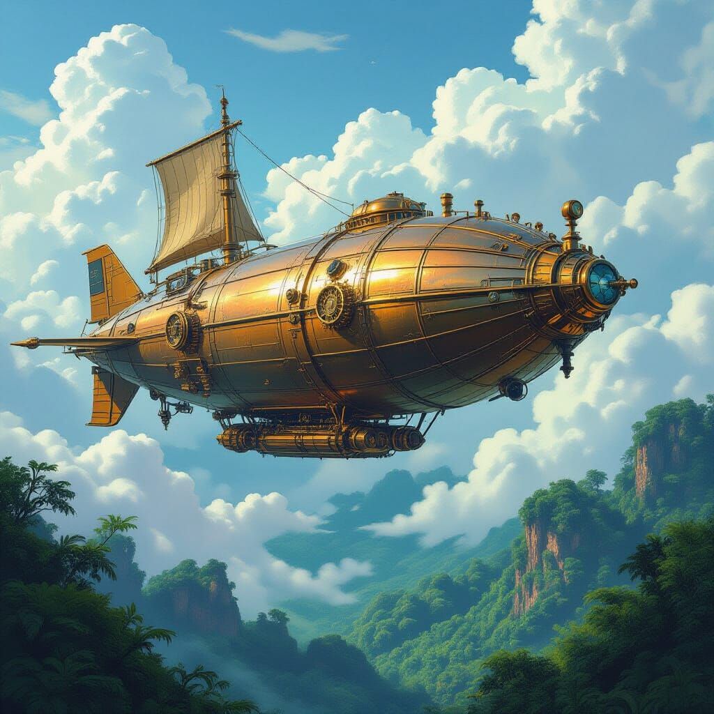 Imagine a colossal, steampunk-style airship crafted from pol...