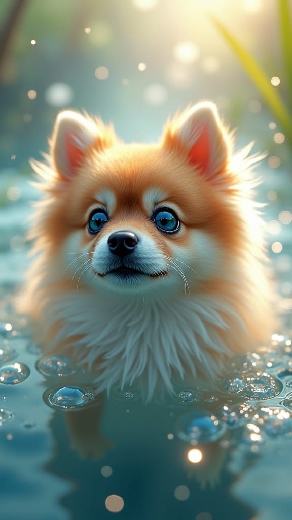 Pomeranian Dog in Water Surrounded by Bubbles