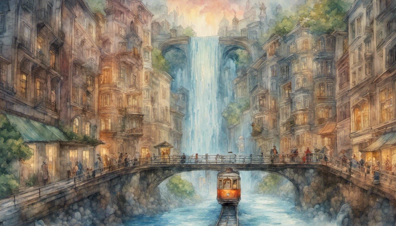 Anime City Tram Rides Waterfall: Watercolor Art