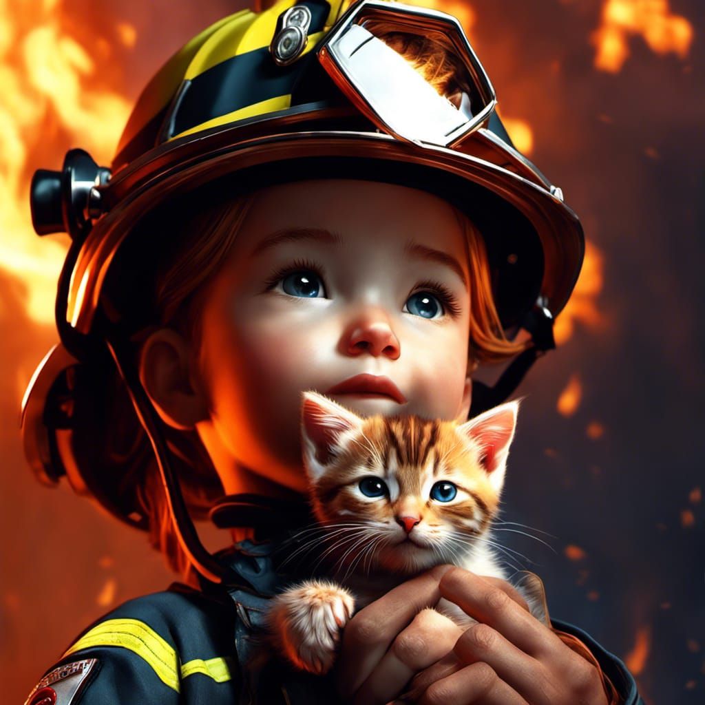 Firefighter Saves Kitten: Digital Art