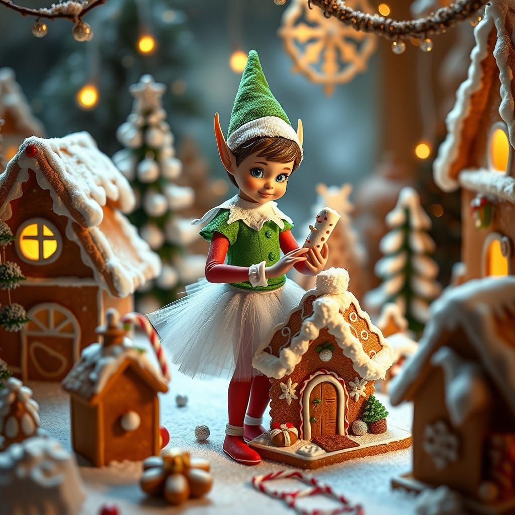 Elf Maid Constructs Gingerbread House in Whimsical Winter Wo...