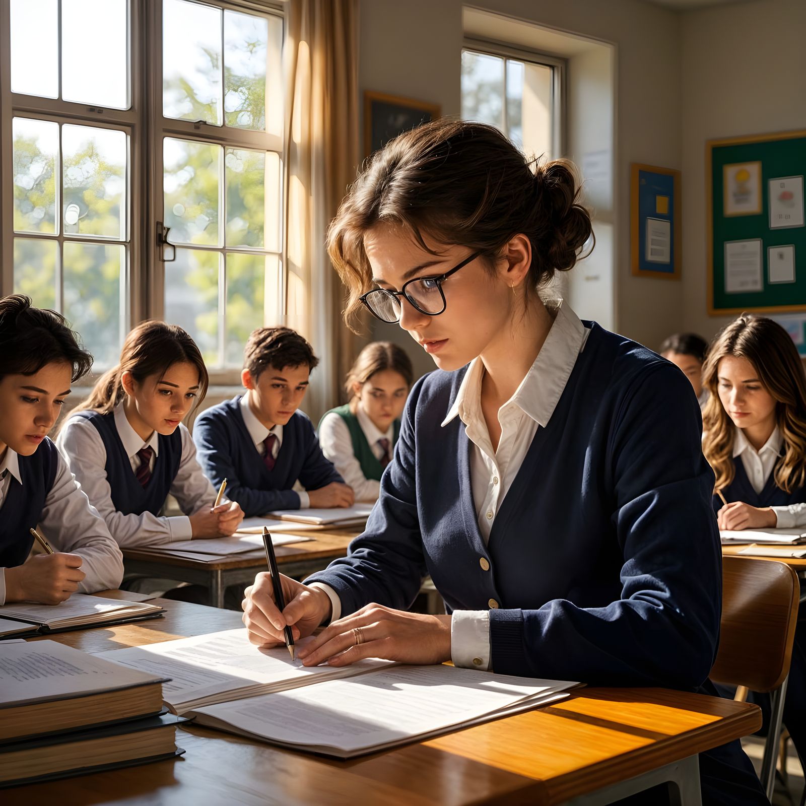 Teacher Correcting Exams with Students