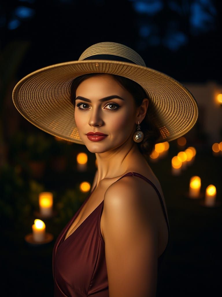 Woman in Evening Garden, Candlelit Portrait