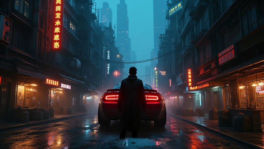 Retrofuturistic Cityscape in Neon-Lit Cyberpunk Style