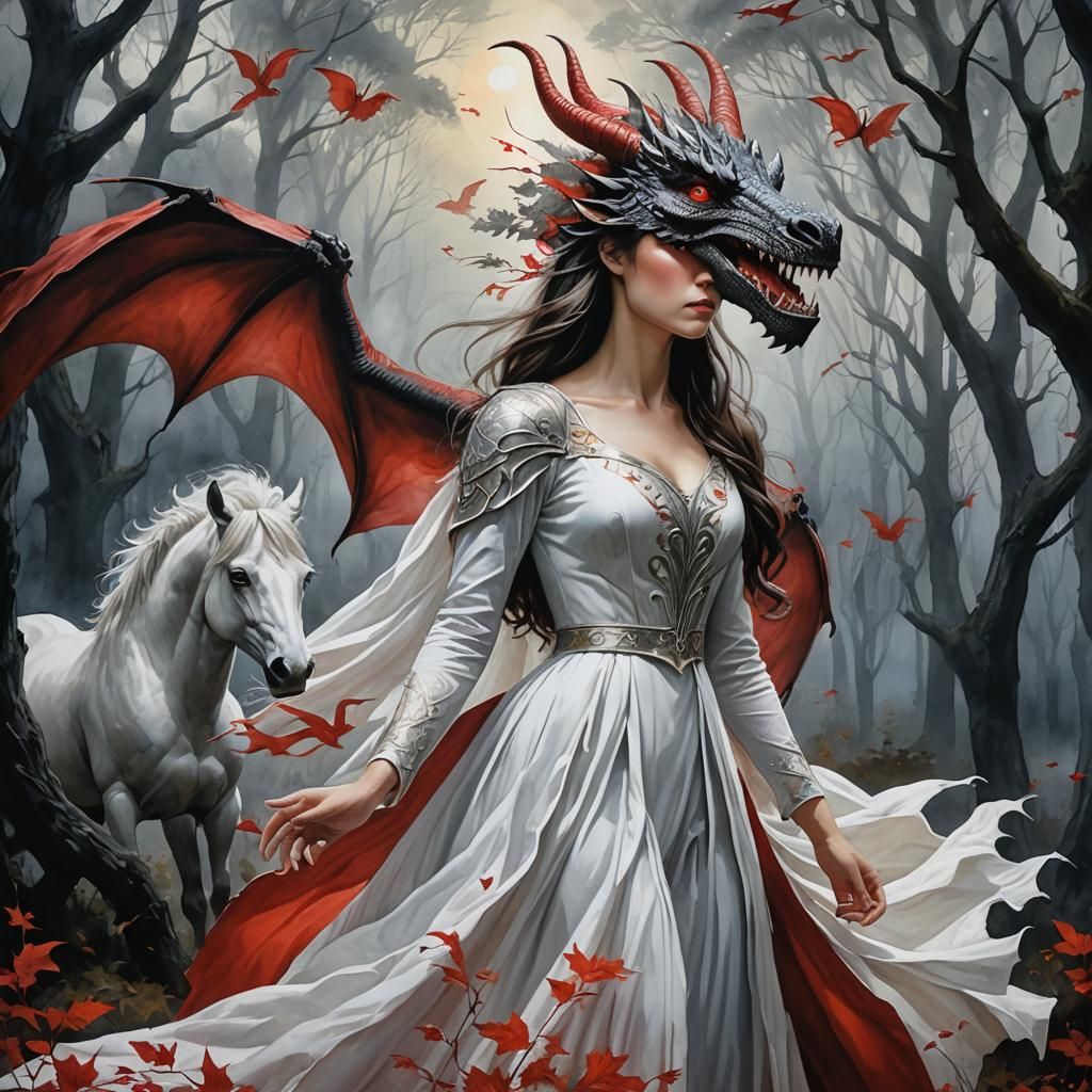 Woman Rides White Horse with Dragon in Forest