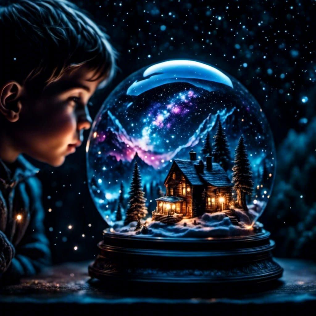 Boy Gazing at Galaxy in Snow Globe