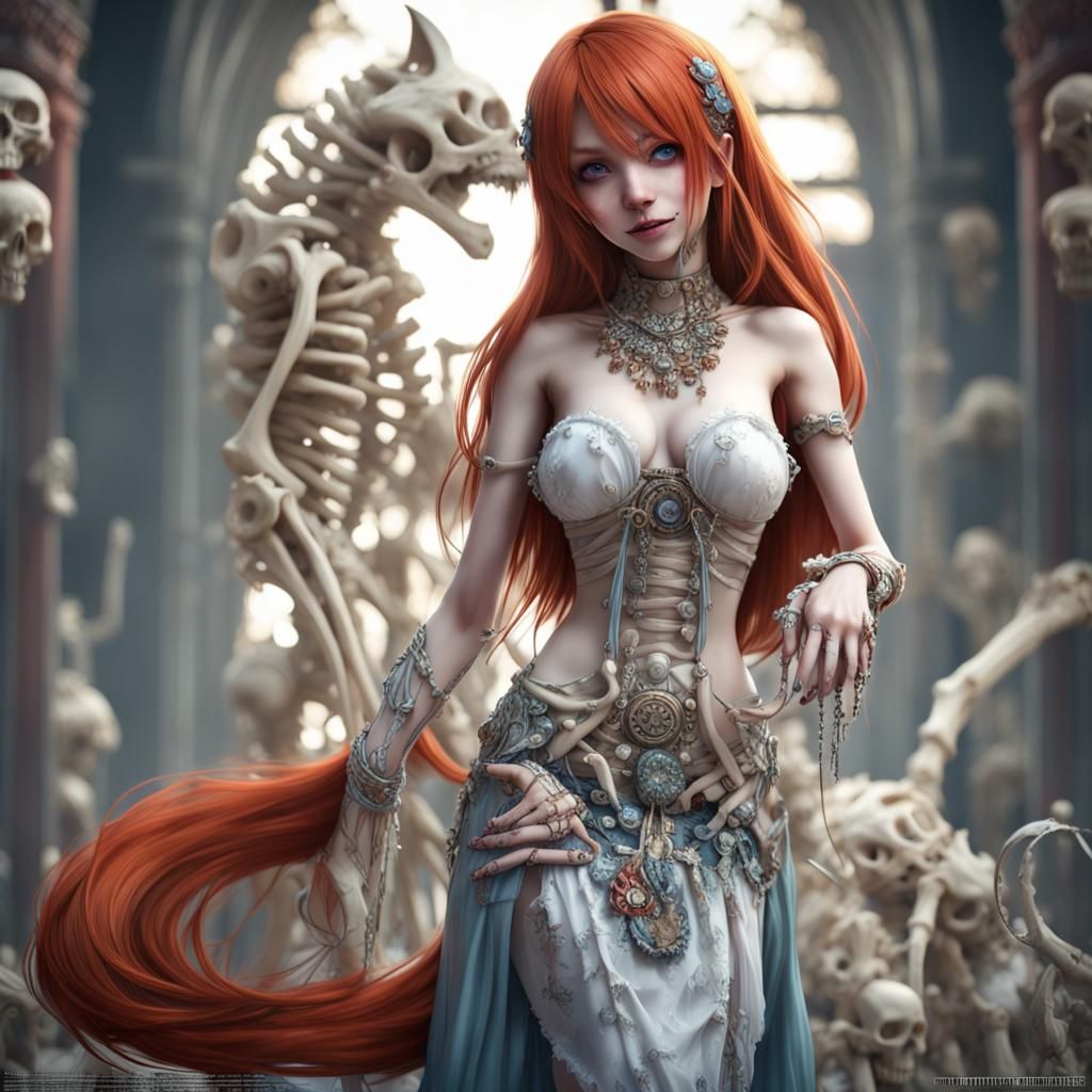 Lustful Kitsune Girl in Bone Dress, Hyperrealistic