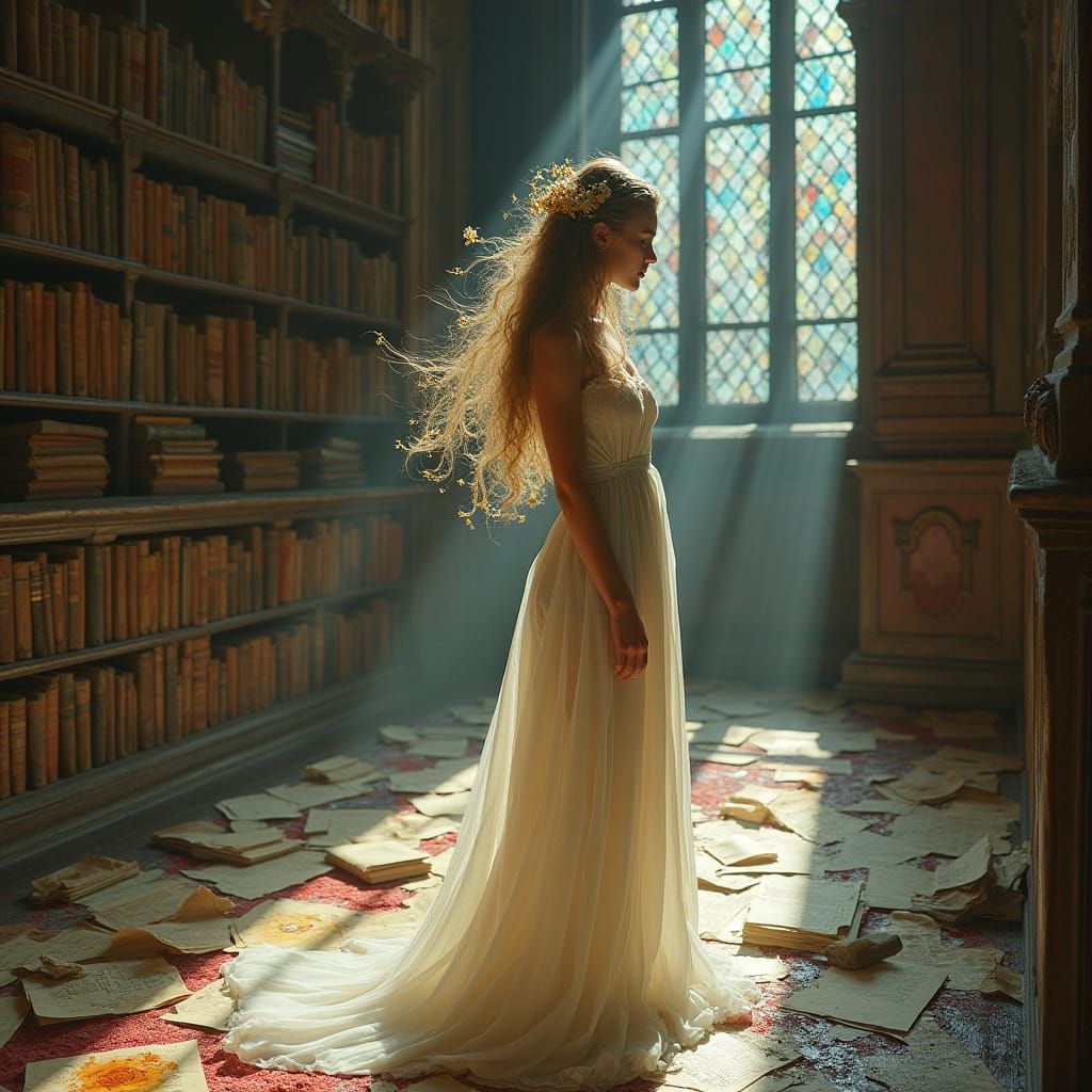 Woman in Dreamlike Library, Surrealist Art Style