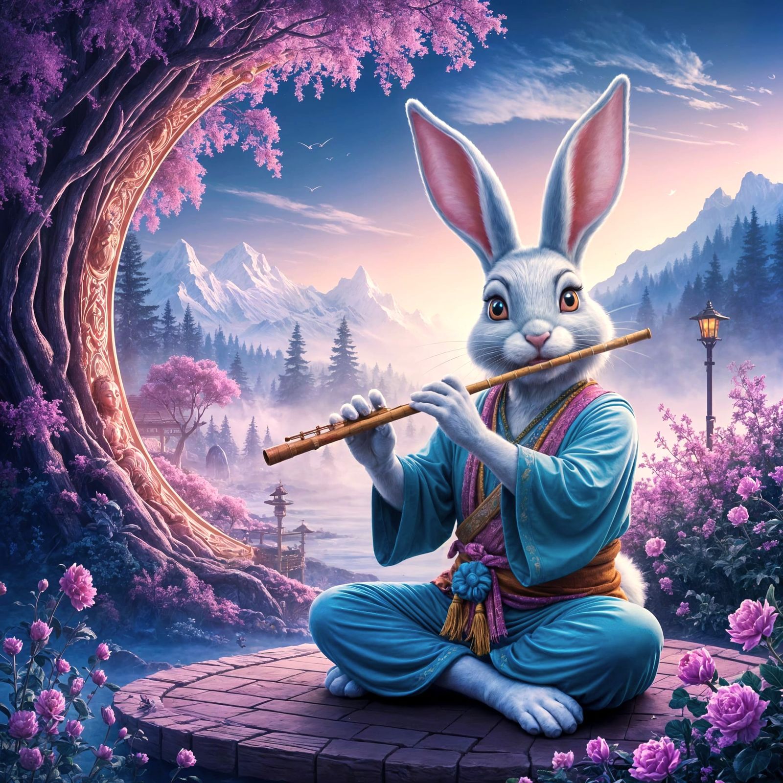 Anthropomorphic Bunny Sage Plays Flute to Shambala