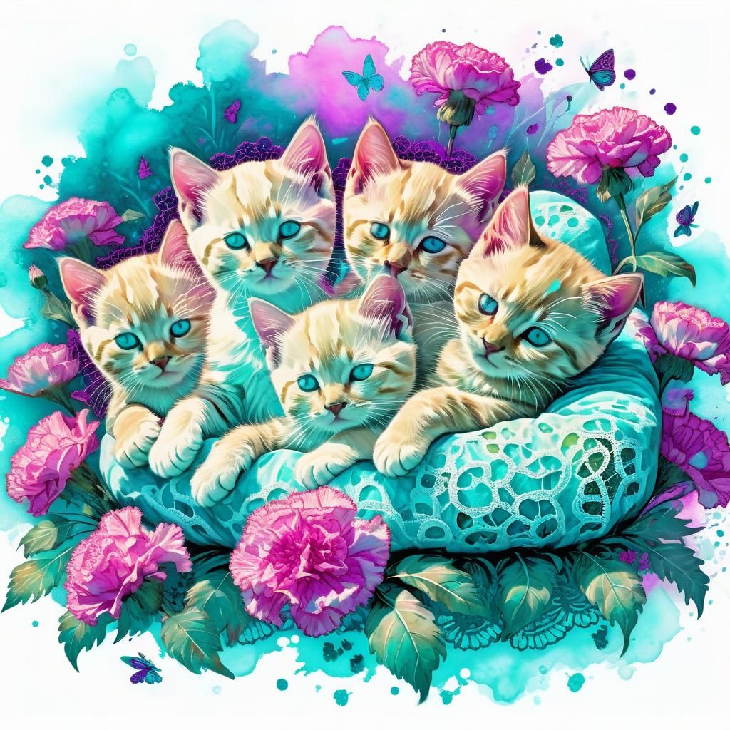 Watercolor Pawprint with Kittens and Floral Accents