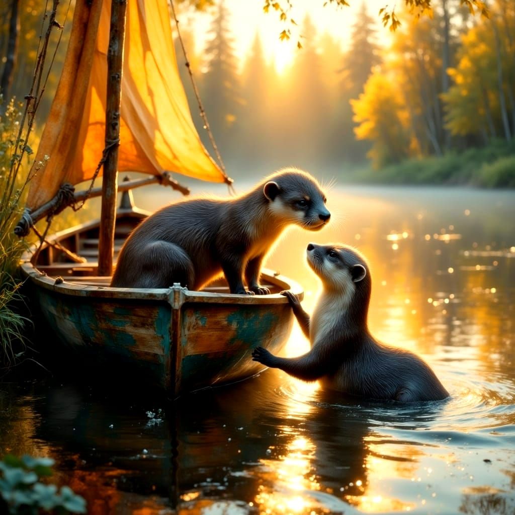Surreal Sailboat Scene with Otters in Golden Light
