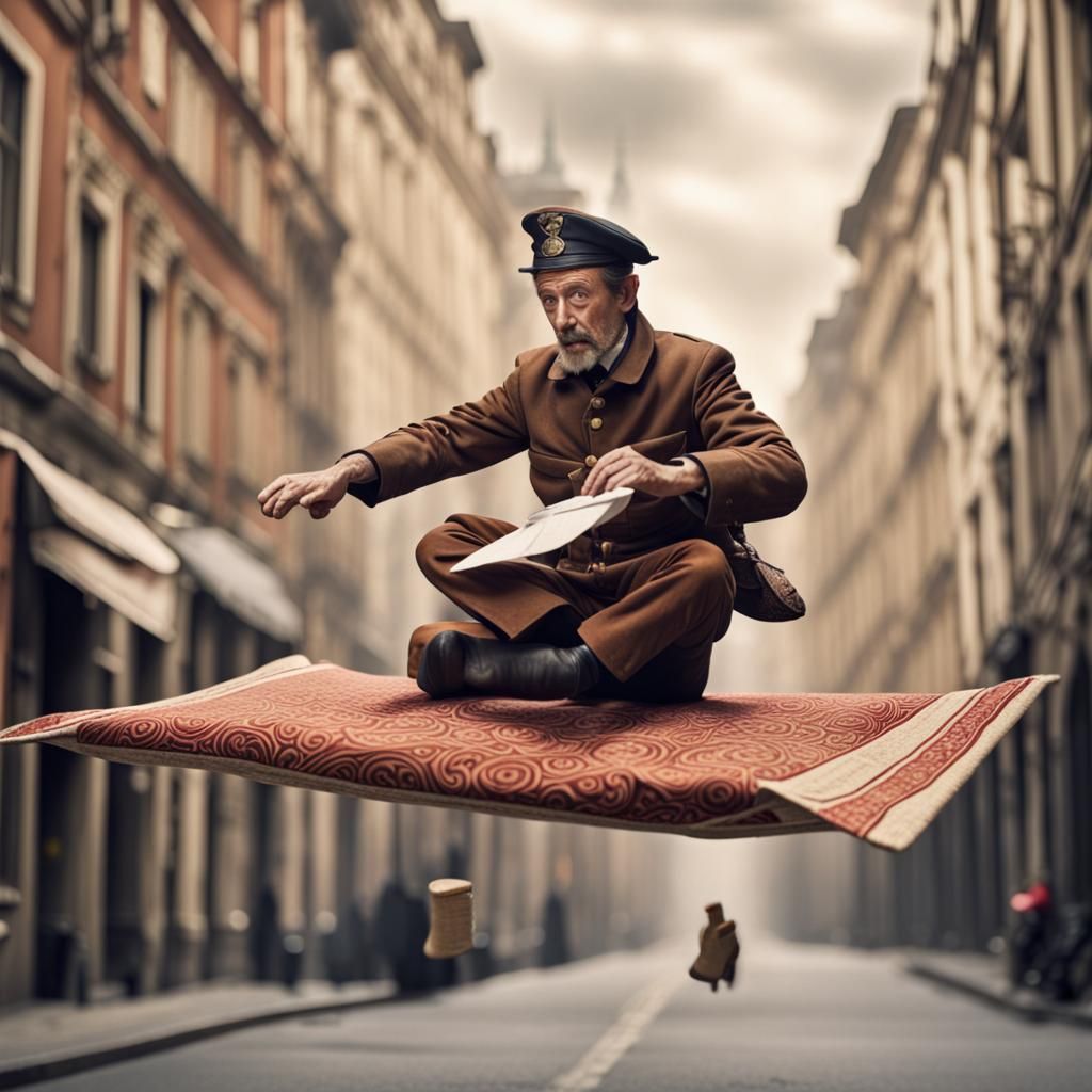 Surreal Flying Postman Delivers Mail by Carpet