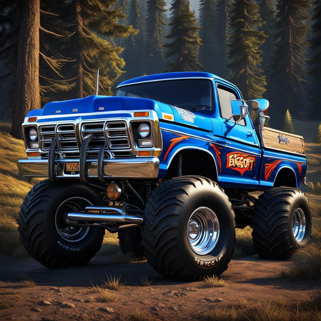 1976 Ford Truck, monster truck, blue, (text"BIGFOOT") on the drivers door