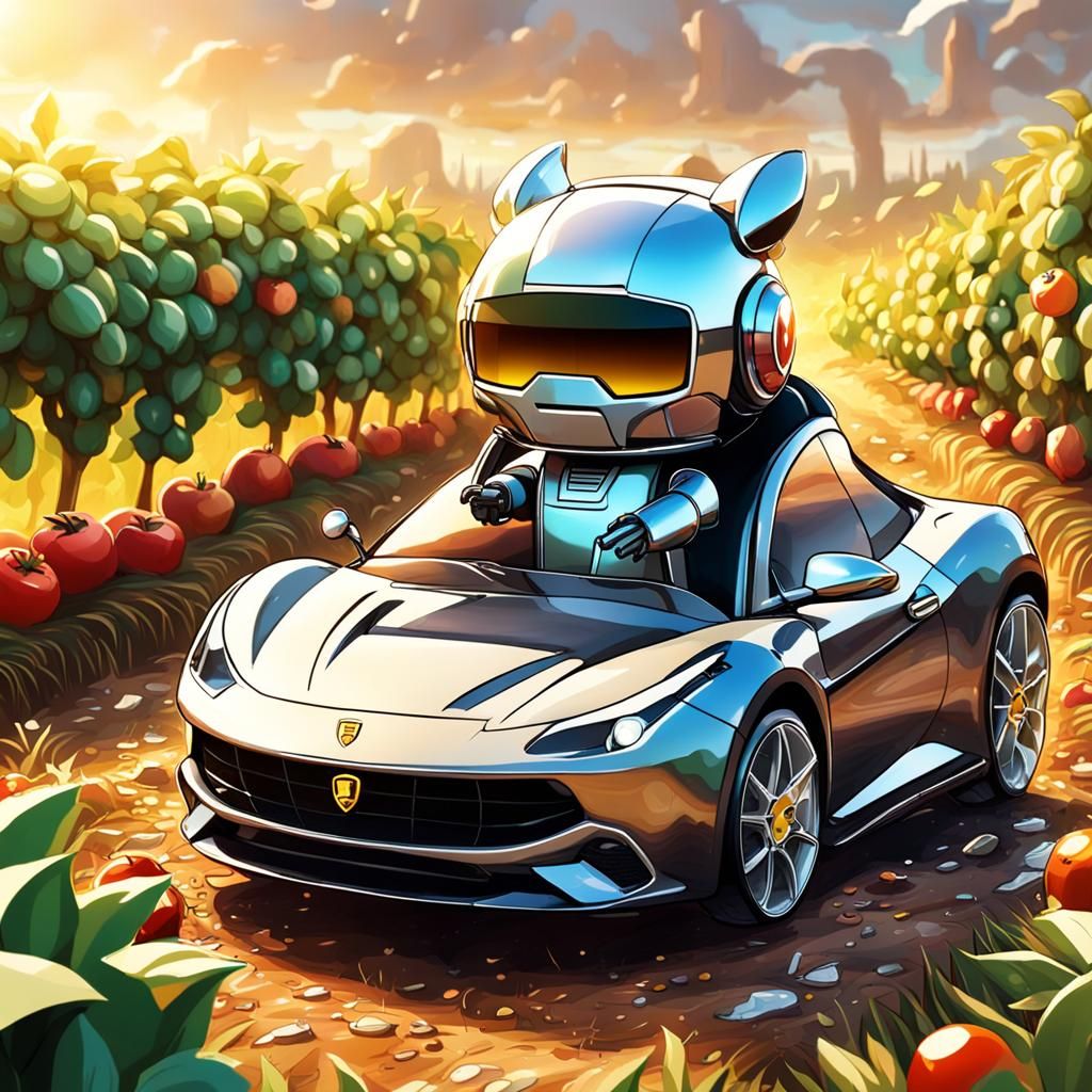 Close-up futuristic Farrari Portofino super luxury super sports car traveling in the morning in a fruit field. Close-up ...