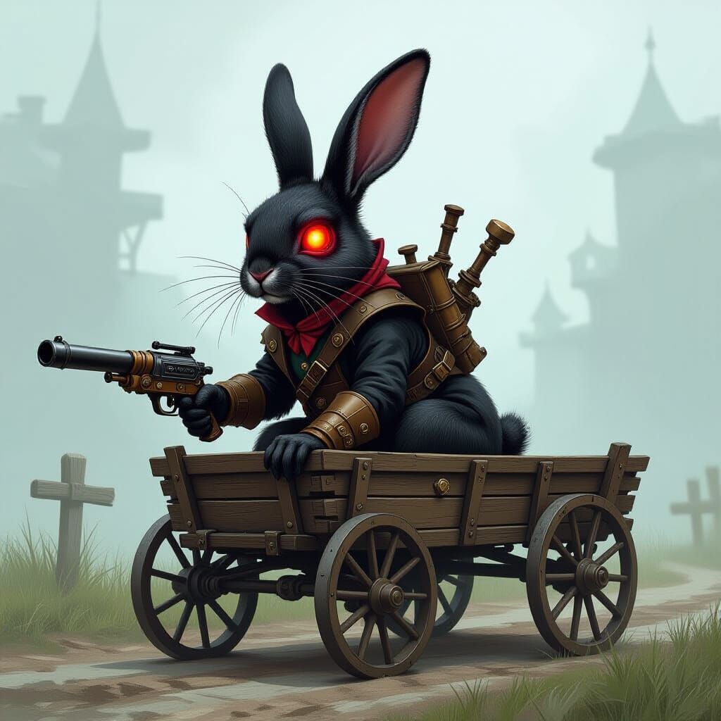 Steampunk Assassin Rabbit with Gun on Wagon