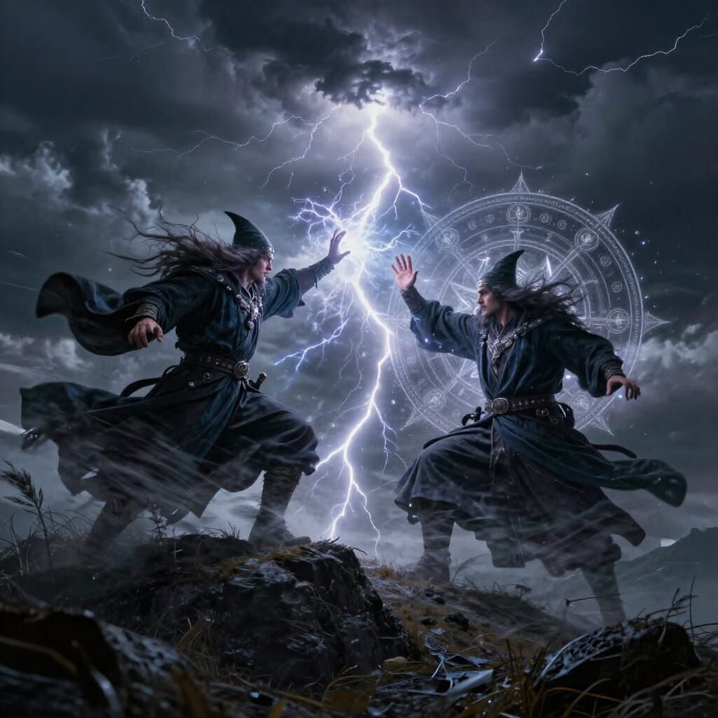 Epic Wizard Battle on Dark Hillside in Stormy Sky