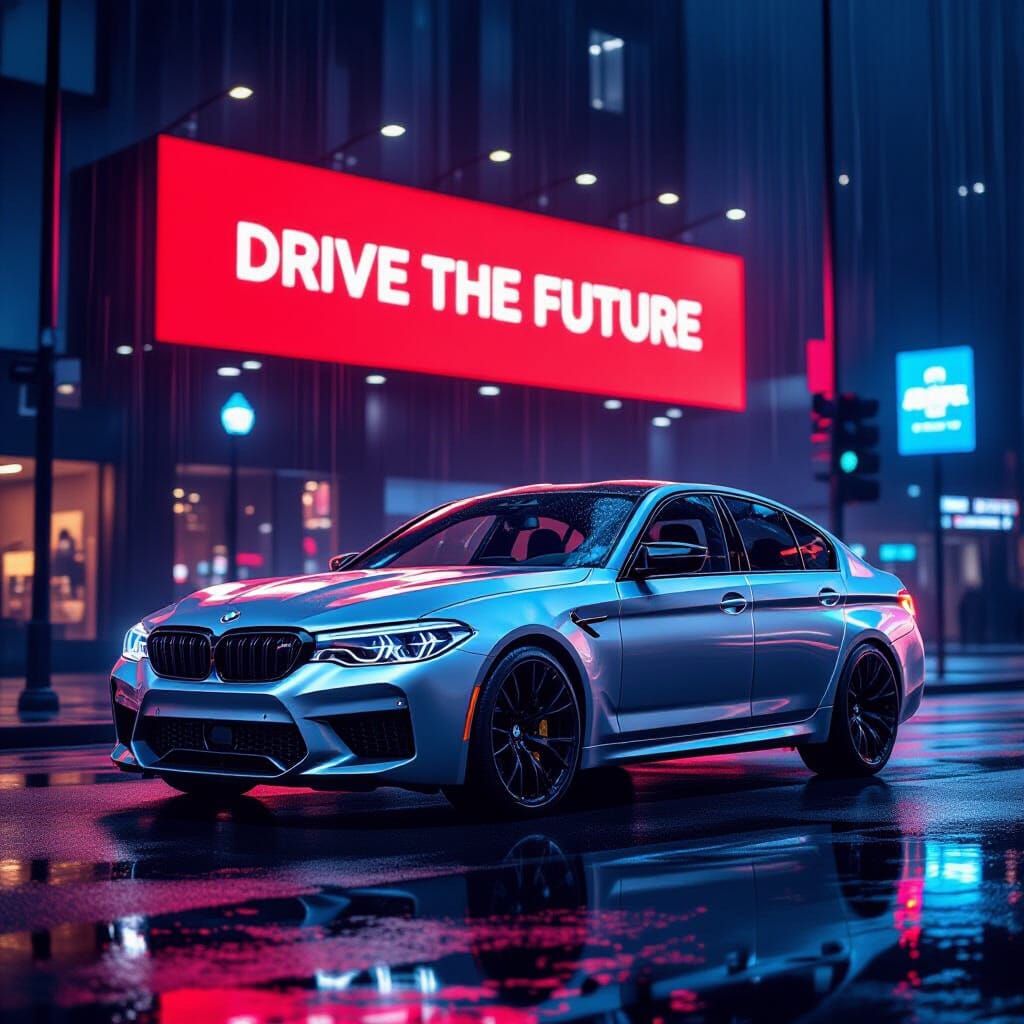 Silver BMW M5 Competition on Rainy Cyberpunk Street