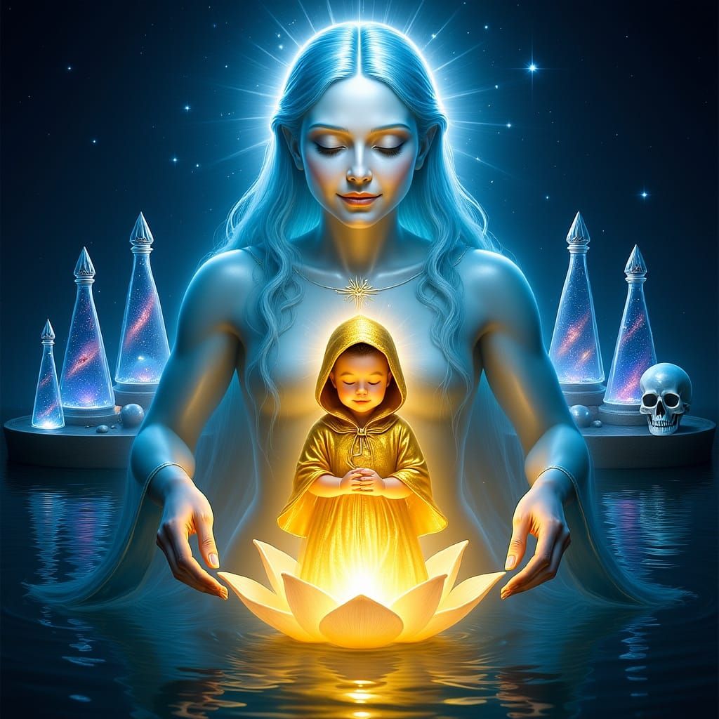 Divine Birth: Light Being Emerges from Cosmic Lotus