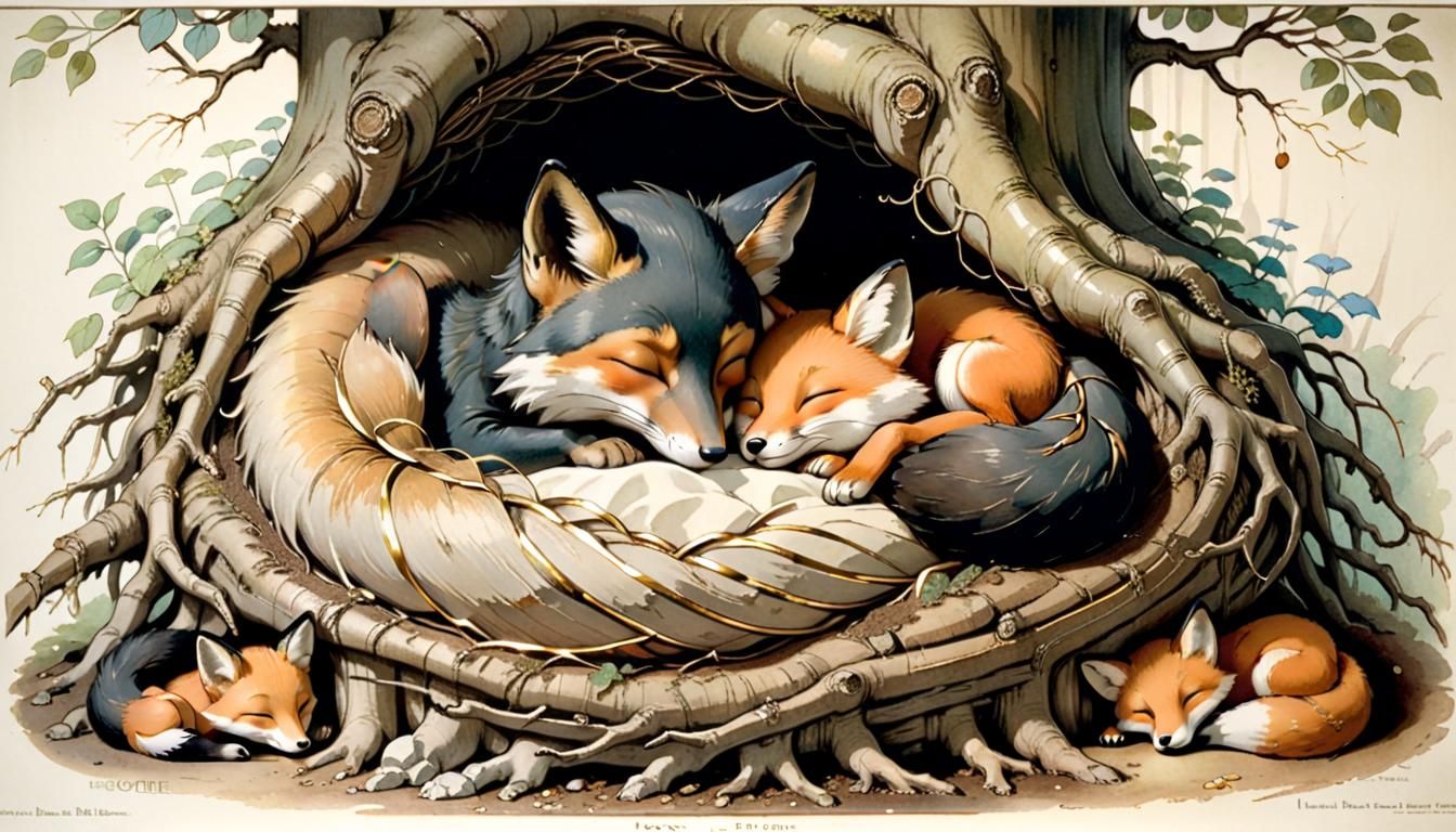 Chibi Man and Fox Family in Art Deco Nest