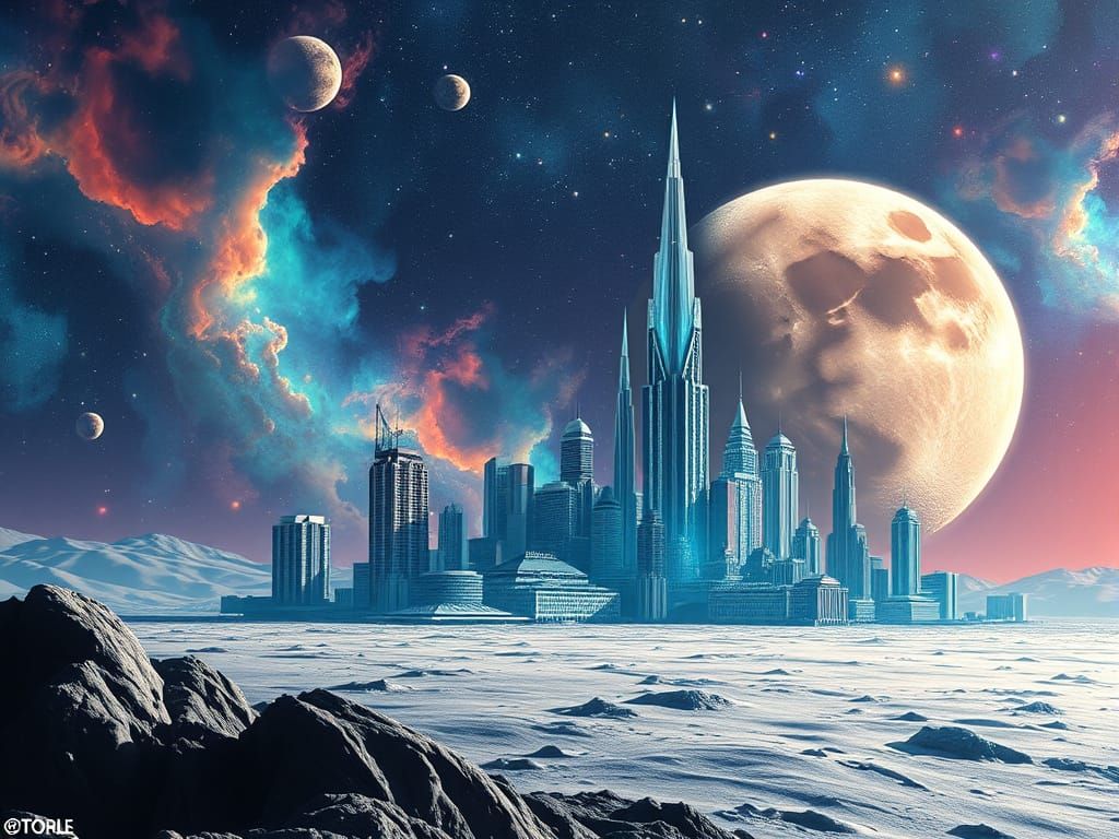 Cyberpunk Moon Metropolis in Shimmering Space Nebula