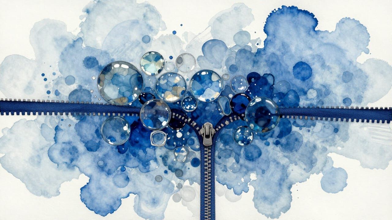 Surreal Blue Watercolor Art with Glass Chips and Zipper