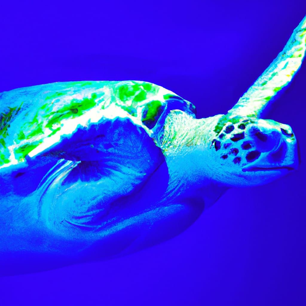 Sea Turtle Swimming in UV-Reactive Deep Blue Sea