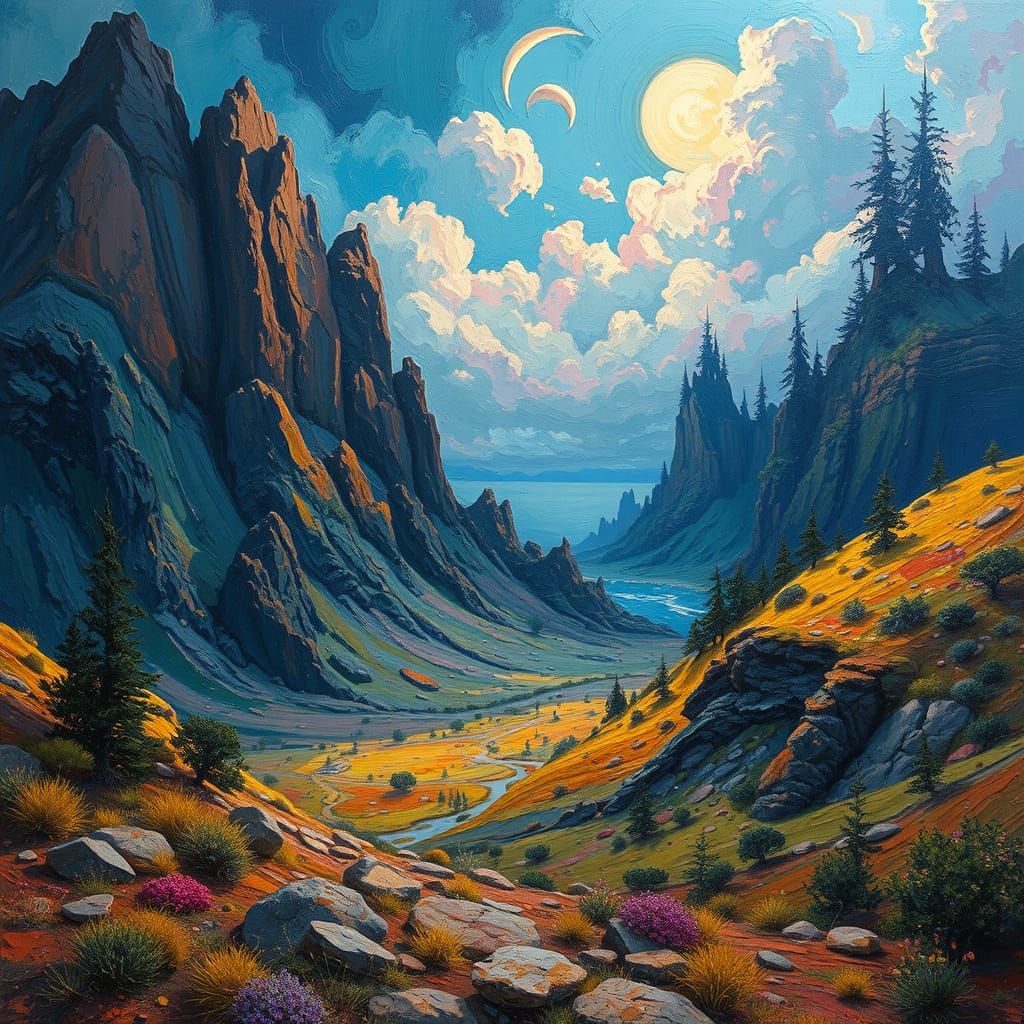 Surreal Landscape with Neo-Impressionist Oil Painting Textur...