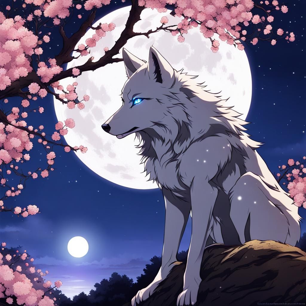 Majestic Blue-Eyed Wolf Under Cherry Tree: Anime Style