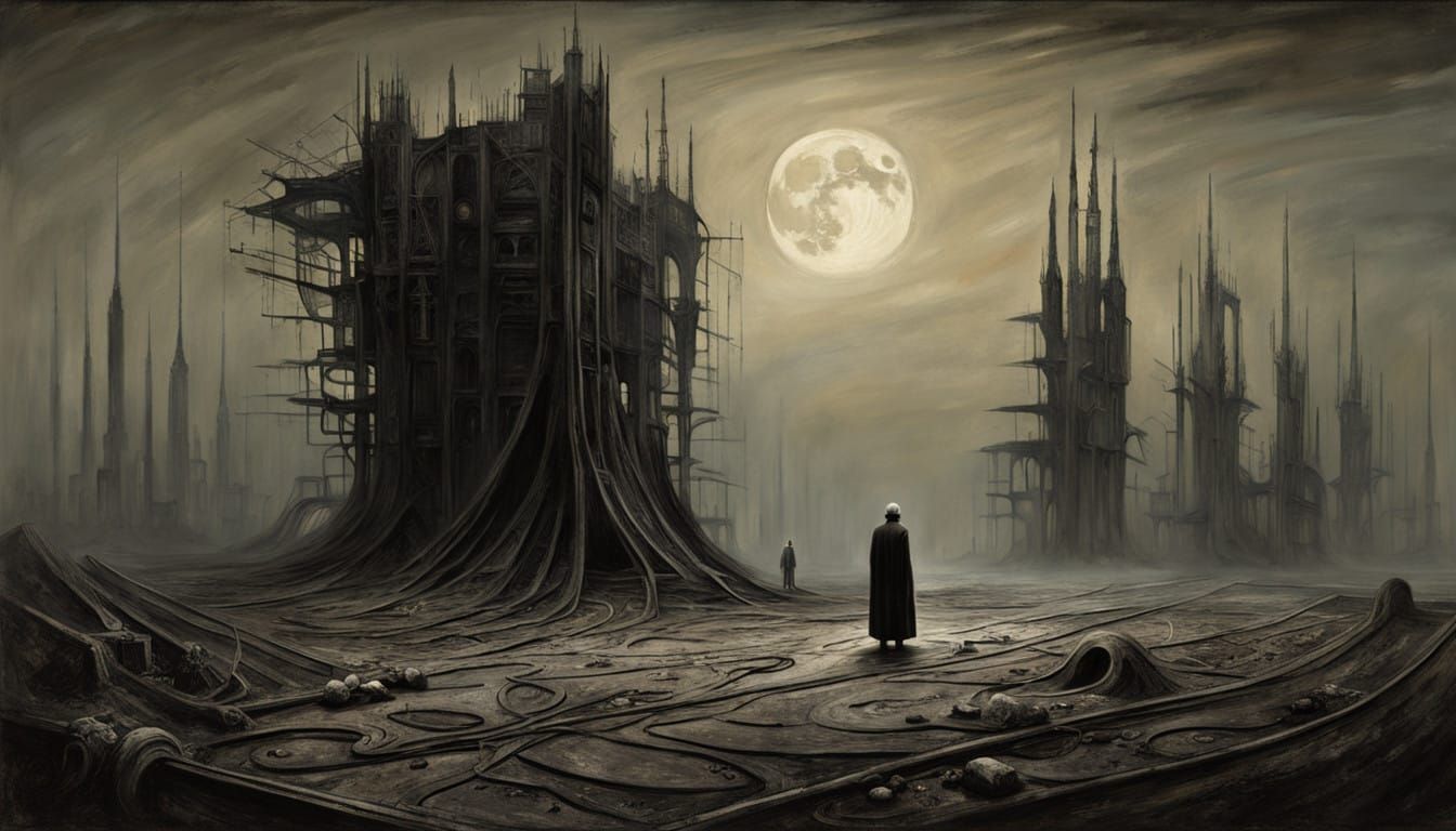 Melancholy Figure in a Desolate, Moonlit Cityscape